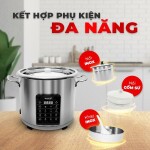 Nồi đa năng Sharp KN-MC90V-ST (Kèm 3 Phụ kiện Nồi Sứ, Khay Hấp Inox, Giá đỡ Inox) Nắp Nồi Kính Cường Lực